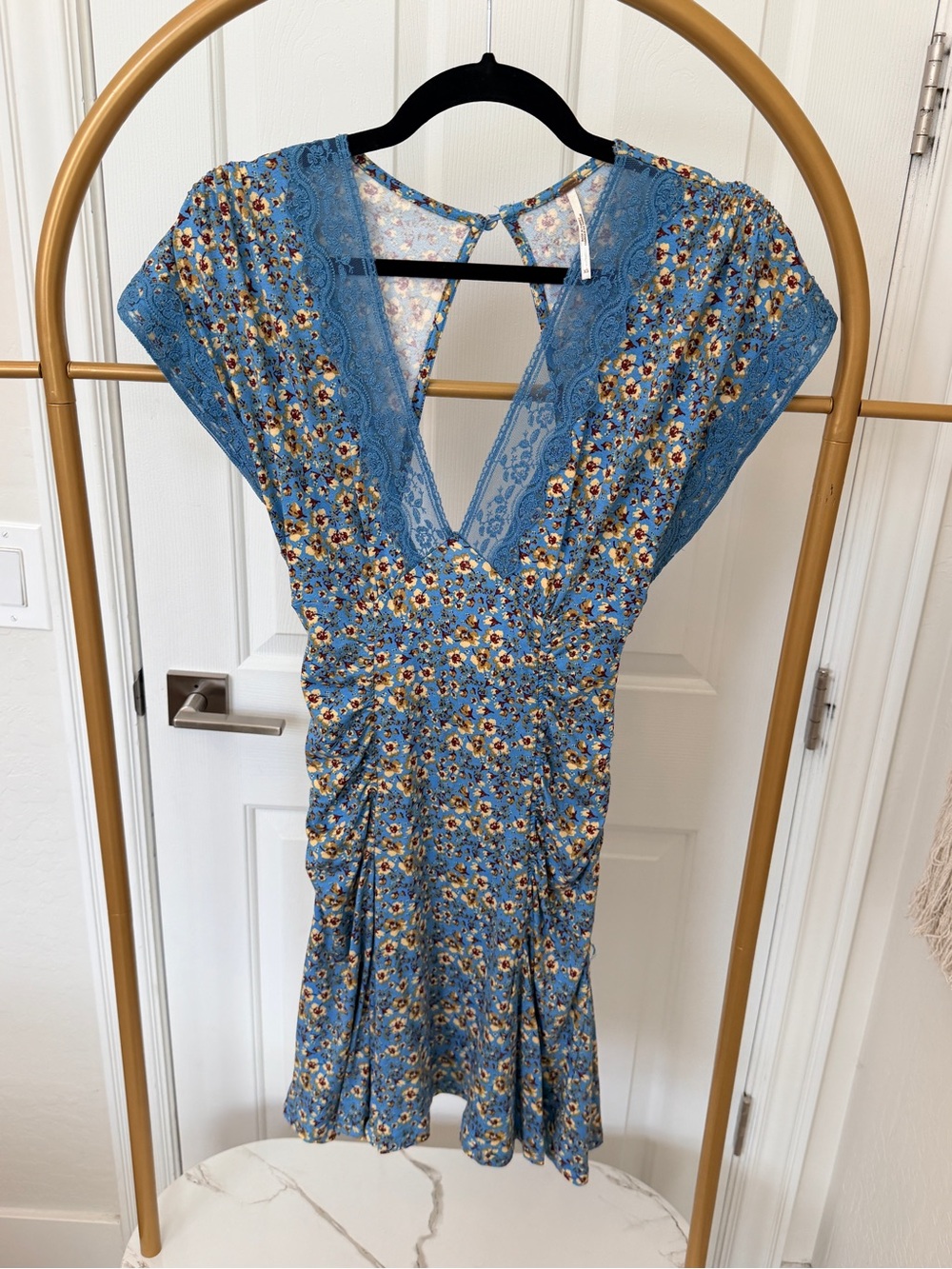 Free people Blue Floral Lace-Trim V-Neck Women's Dress